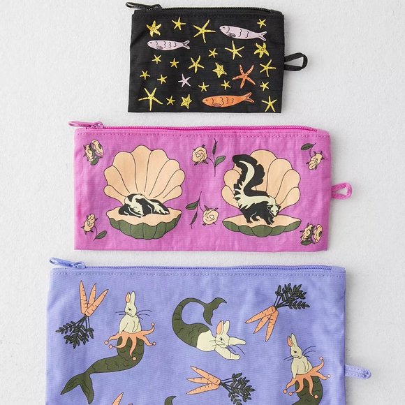 NWT Baggu Flat Pouch Set - Sea Animals (Star Fish, Merbunny, Half Shell Skunk) - Picture 1 of 5